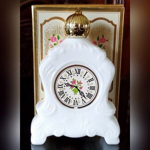 Vntg Avon Milk Glass Mantle Clock Foam Bath Oil Bottle & Original Box